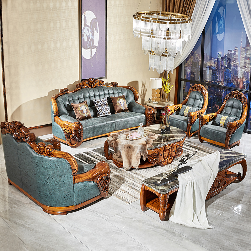 1901欧式实木沙发真皮别墅乌金木大象1234组合大户型奢华雕花高档客厅