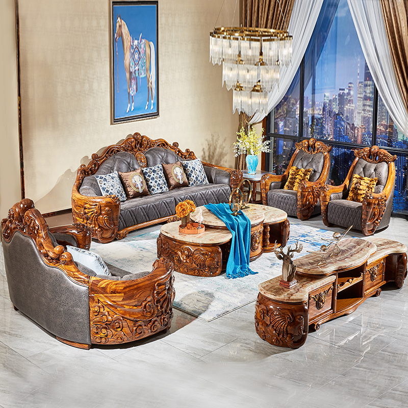 1905乌金木真皮沙发欧式组合实木大户型奢华别墅客厅高端家具全套