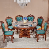 餐桌2欧式乌金木天然大理石圆形餐桌椅组合饭桌家用一桌六椅八带转盘型